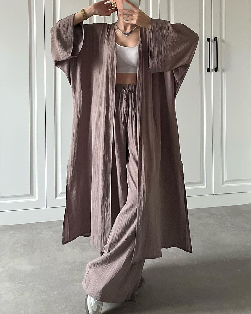 Casual Lång Cardigan Slit Tvådelat Set